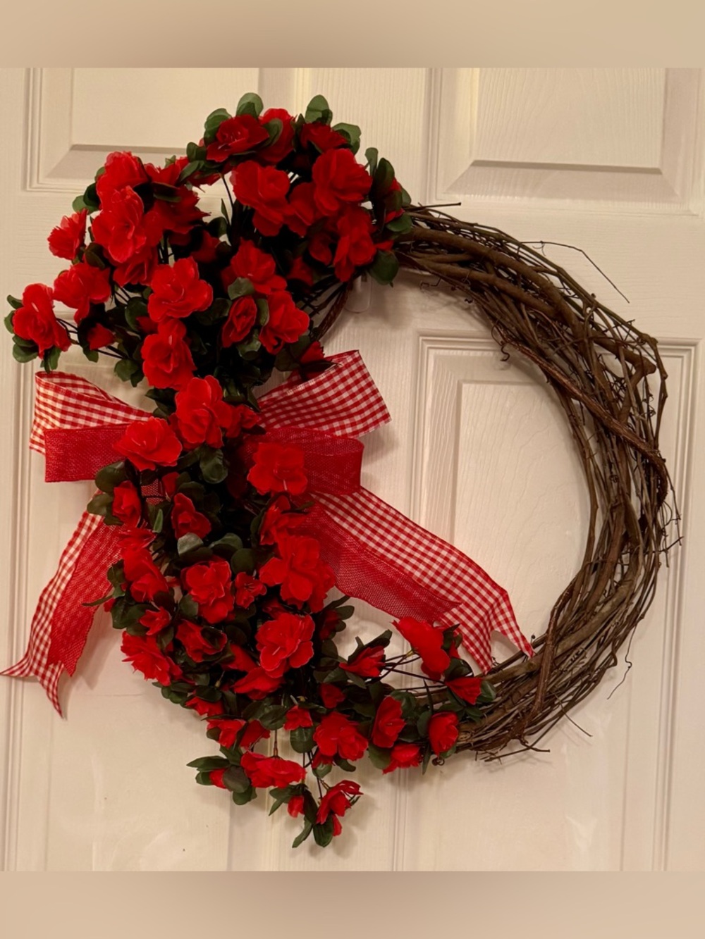 Grapevine Wreath with Red & Gingham Bow, Red flowers